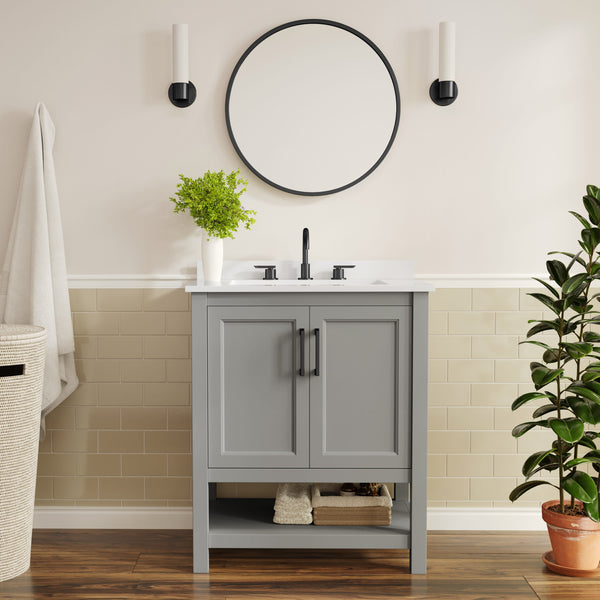 Gray Frame/Black Hardware,30" |#| 30" Bathroom Vanity with Sink, Open Storage & Black Hardware in Gray