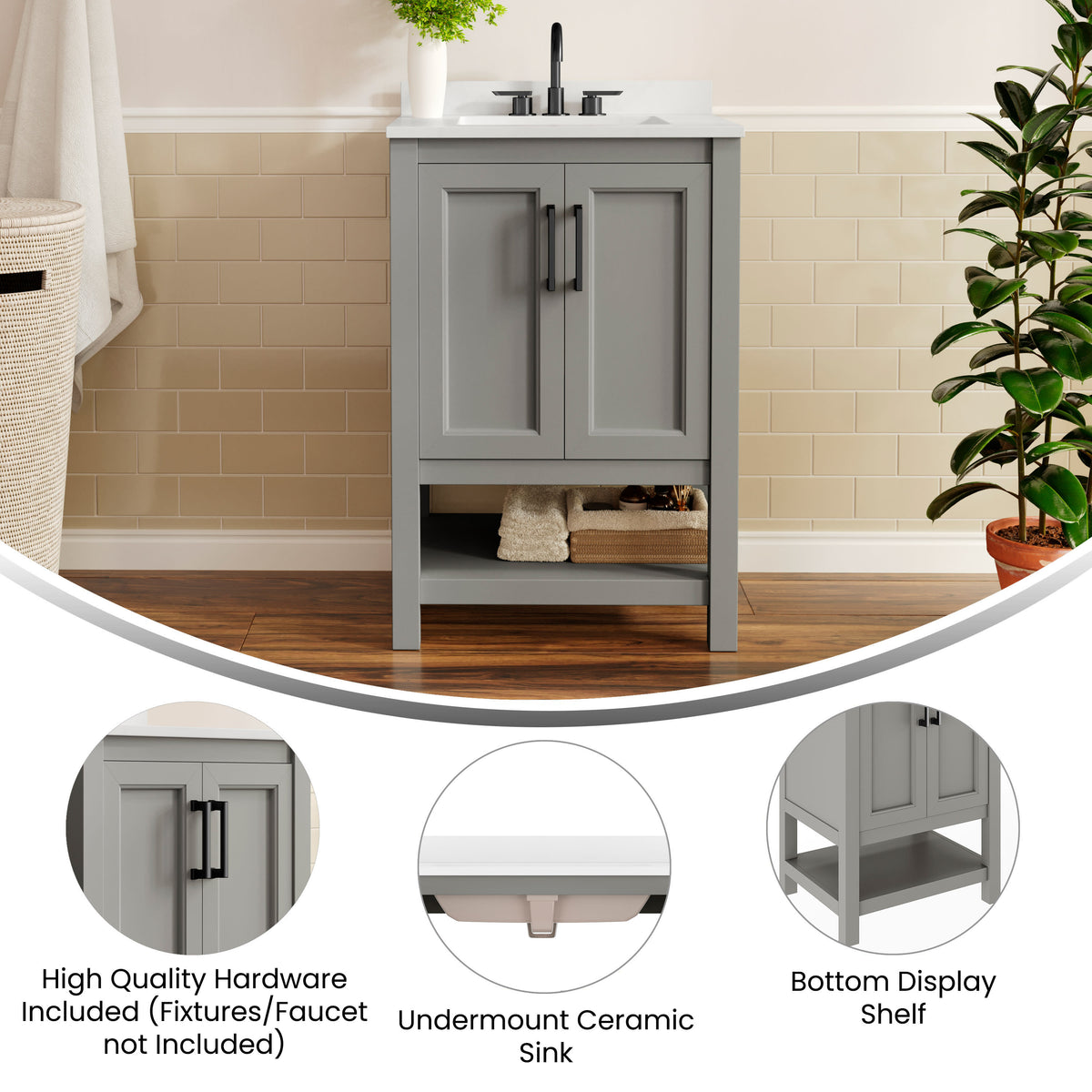 Gray Frame/Black Hardware,24" |#| 24" Bathroom Vanity with Sink, Open Storage & Black Hardware in Gray