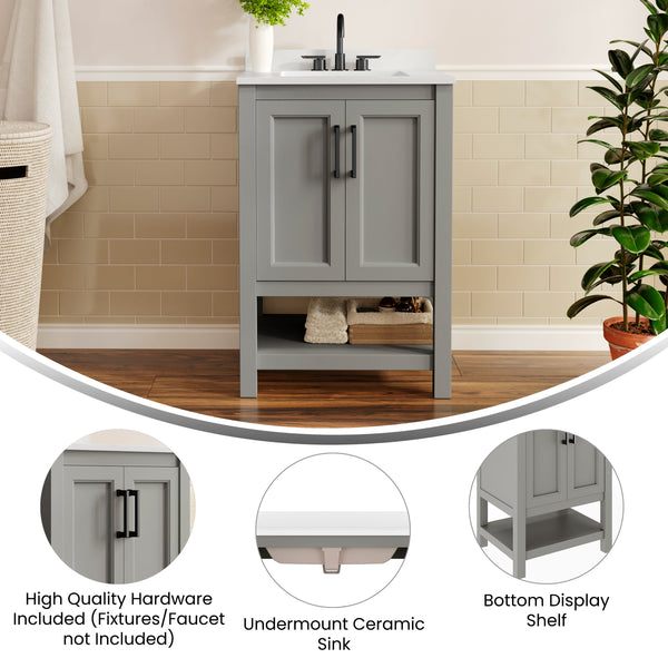 Gray Frame/Black Hardware,24" |#| 24" Bathroom Vanity with Sink, Open Storage & Black Hardware in Gray