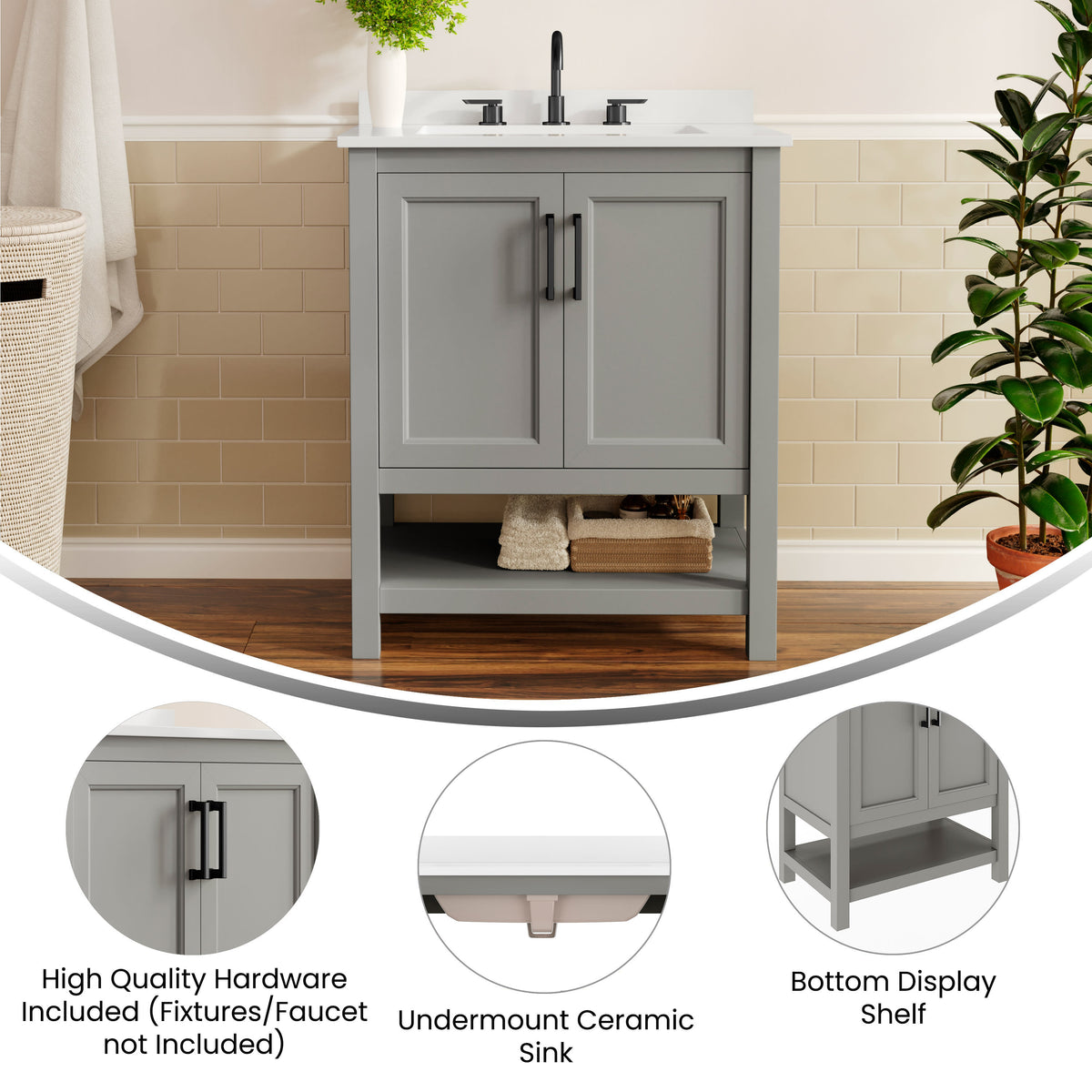Gray Frame/Black Hardware,30" |#| 30" Bathroom Vanity with Sink, Open Storage & Black Hardware in Gray