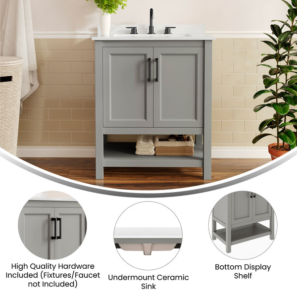 Gray Frame/Black Hardware,30" |#| 30" Bathroom Vanity with Sink, Open Storage & Black Hardware in Gray