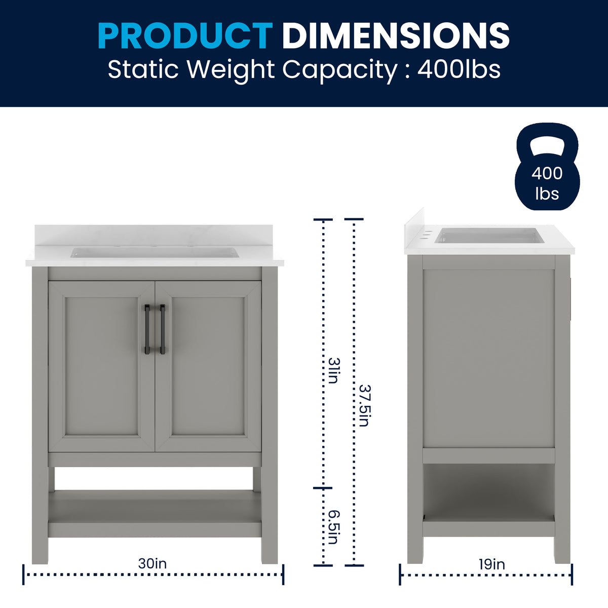 Gray Frame/Black Hardware,30" |#| 30" Bathroom Vanity with Sink, Open Storage & Black Hardware in Gray