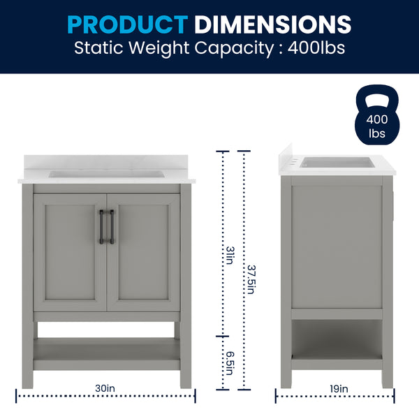 Gray Frame/Black Hardware,30" |#| 30" Bathroom Vanity with Sink, Open Storage & Black Hardware in Gray