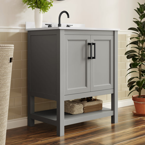 Gray Frame/Black Hardware,30" |#| 30" Bathroom Vanity with Sink, Open Storage & Black Hardware in Gray