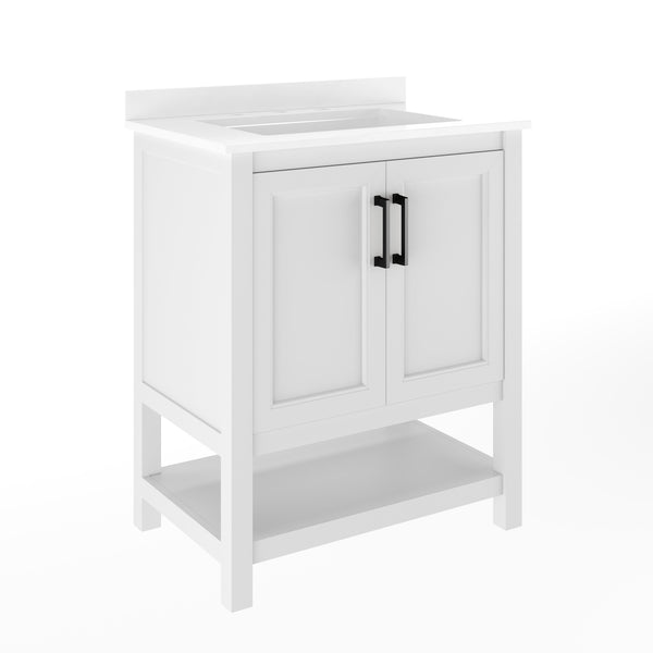 White Frame/Black Hardware,30" |#| 30" Bathroom Vanity with Sink, Open Storage & Black Hardware in White