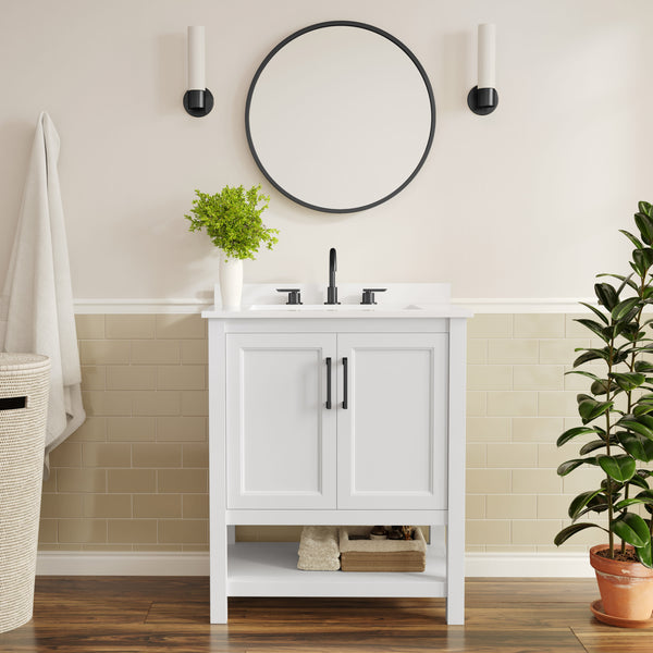 White Frame/Black Hardware,30" |#| 30" Bathroom Vanity with Sink, Open Storage & Black Hardware in White