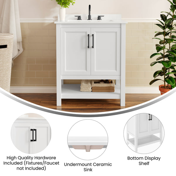 White Frame/Black Hardware,30" |#| 30" Bathroom Vanity with Sink, Open Storage & Black Hardware in White
