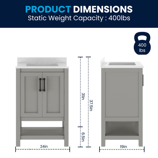 Gray Frame/Black Hardware,24" |#| 24" Bathroom Vanity with Sink, Open Storage & Black Hardware in Gray