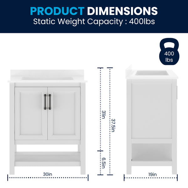 White Frame/Black Hardware,30" |#| 30" Bathroom Vanity with Sink, Open Storage & Black Hardware in White