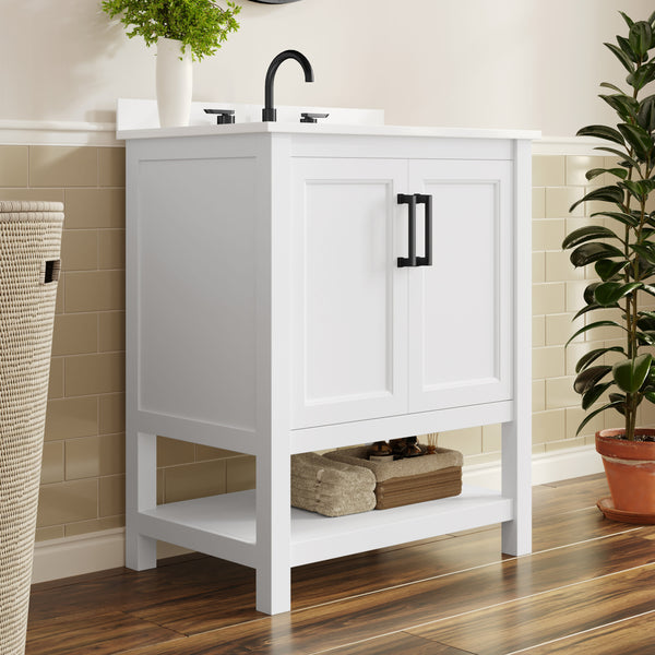 White Frame/Black Hardware,30" |#| 30" Bathroom Vanity with Sink, Open Storage & Black Hardware in White