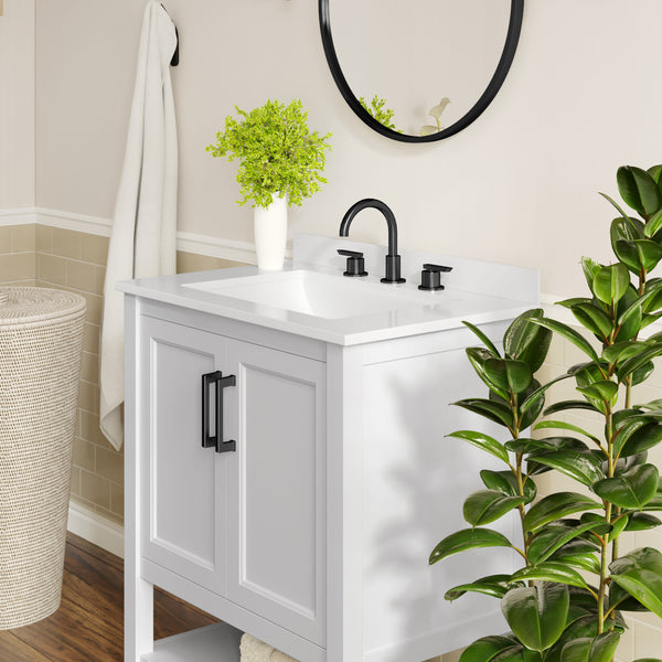White Frame/Black Hardware,30" |#| 30" Bathroom Vanity with Sink, Open Storage & Black Hardware in White