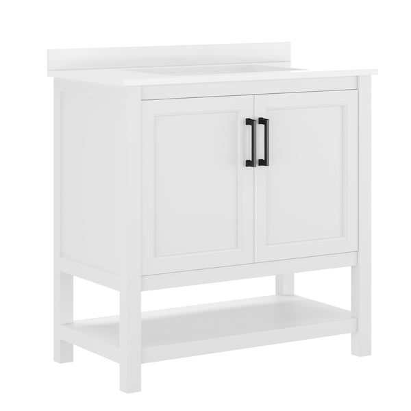 White Frame/Black Hardware,36" |#| 36" Bathroom Vanity with Sink, Open Storage & Black Hardware in White