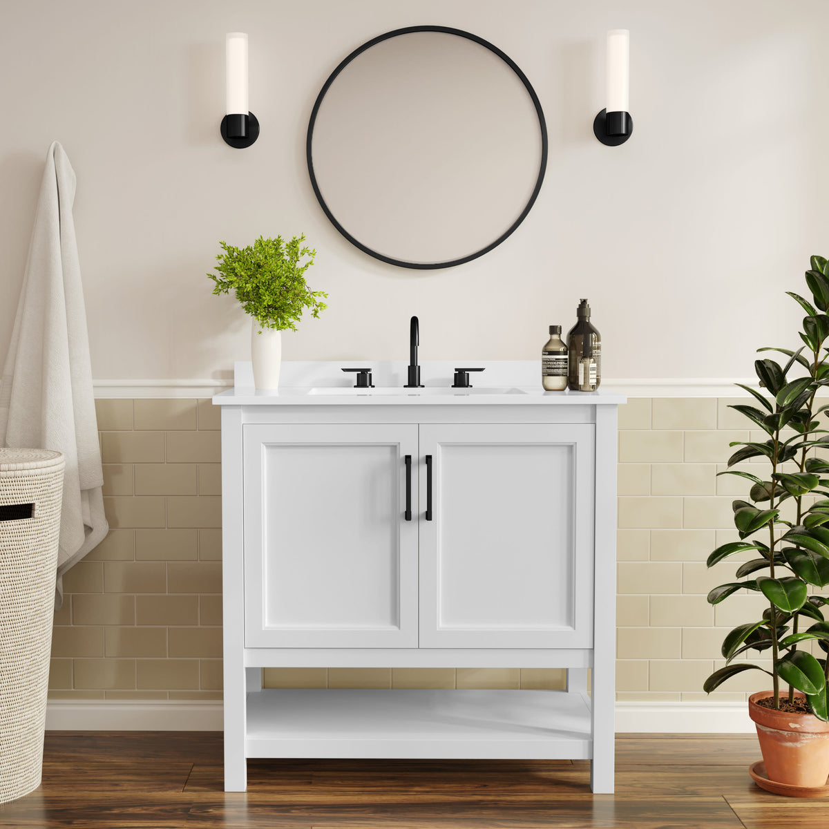 White Frame/Black Hardware,36" |#| 36" Bathroom Vanity with Sink, Open Storage & Black Hardware in White