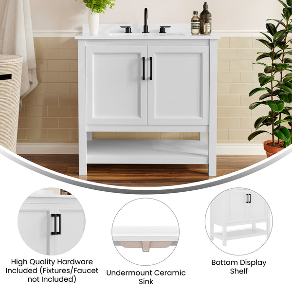 White Frame/Black Hardware,36" |#| 36" Bathroom Vanity with Sink, Open Storage & Black Hardware in White