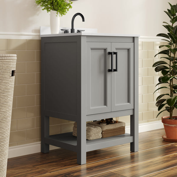 Gray Frame/Black Hardware,24" |#| 24" Bathroom Vanity with Sink, Open Storage & Black Hardware in Gray