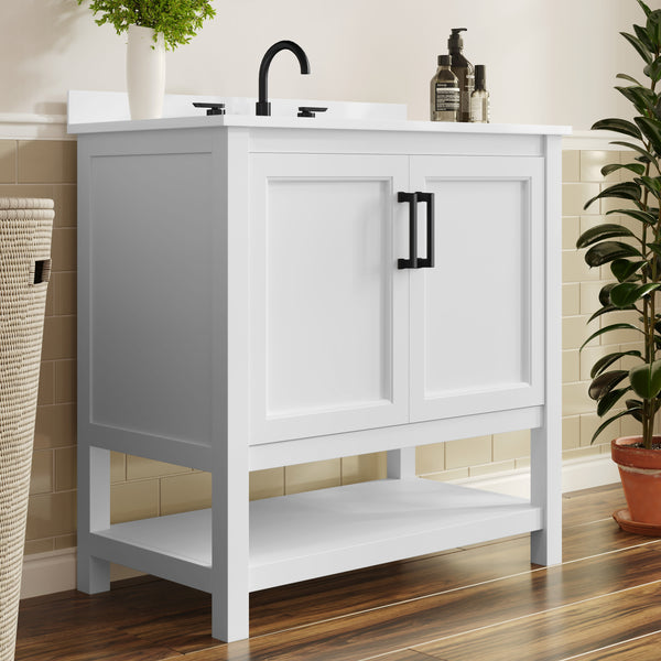 White Frame/Black Hardware,36" |#| 36" Bathroom Vanity with Sink, Open Storage & Black Hardware in White