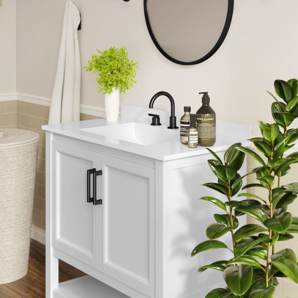 White Frame/Black Hardware,36" |#| 36" Bathroom Vanity with Sink, Open Storage & Black Hardware in White