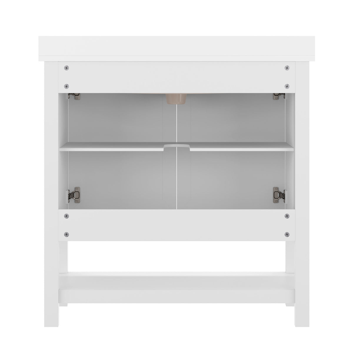 White Frame/Black Hardware,36" |#| 36" Bathroom Vanity with Sink, Open Storage & Black Hardware in White