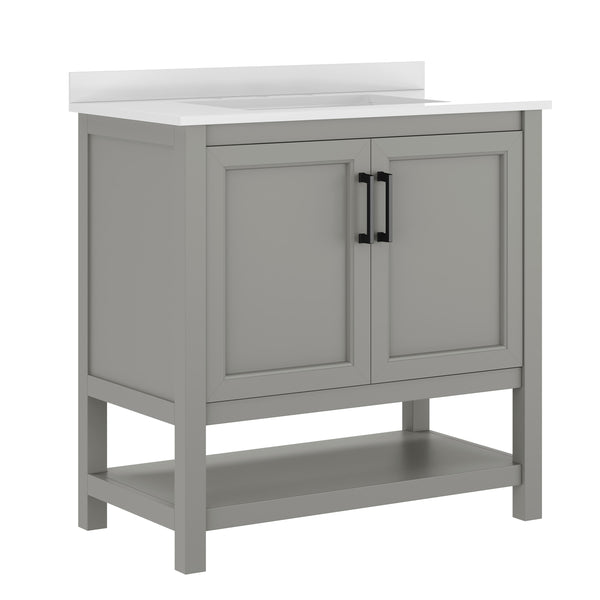 Gray Frame/Black Hardware,36" |#| 36" Bathroom Vanity with Sink, Open Storage & Black Hardware in Gray