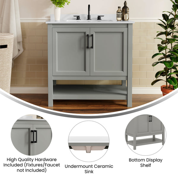 Gray Frame/Black Hardware,36" |#| 36" Bathroom Vanity with Sink, Open Storage & Black Hardware in Gray