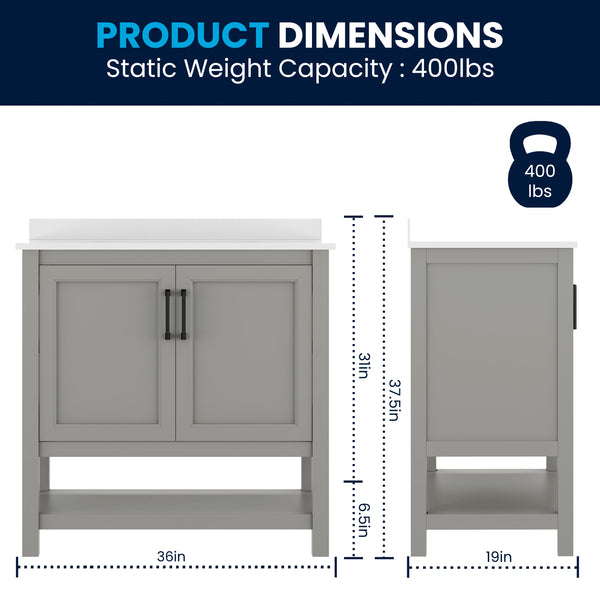 Gray Frame/Black Hardware,36" |#| 36" Bathroom Vanity with Sink, Open Storage & Black Hardware in Gray