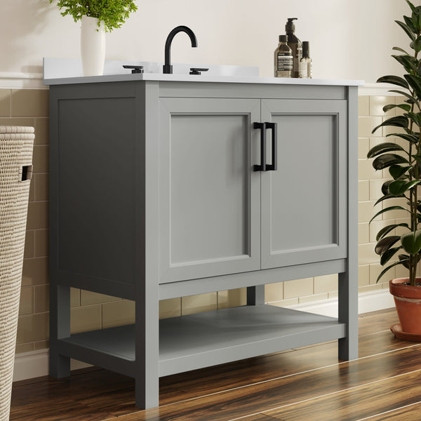 Gray Frame/Black Hardware,36" |#| 36" Bathroom Vanity with Sink, Open Storage & Black Hardware in Gray