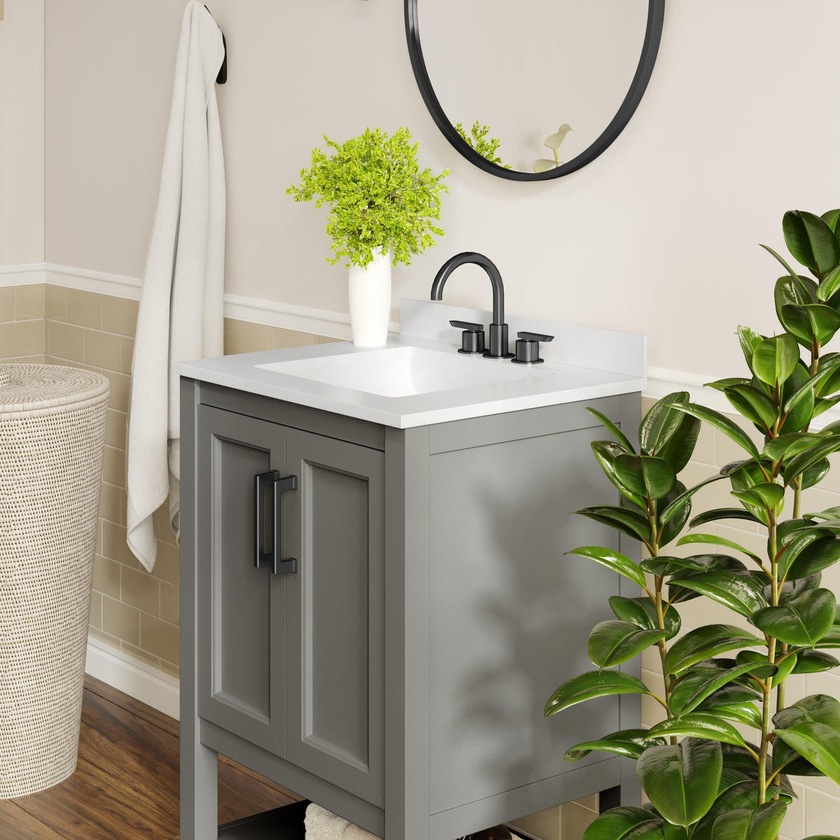 Gray Frame/Black Hardware,24" |#| 24" Bathroom Vanity with Sink, Open Storage & Black Hardware in Gray