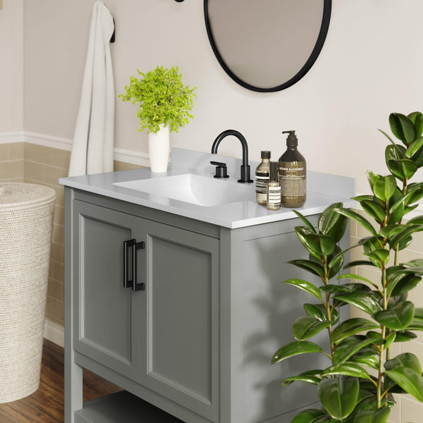Gray Frame/Black Hardware,36" |#| 36" Bathroom Vanity with Sink, Open Storage & Black Hardware in Gray