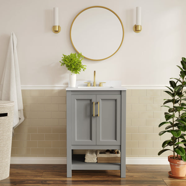 Gray Frame/Gold Hardware,24" |#| 24" Bathroom Vanity with Sink, Open Storage & Gold Hardware in Gray