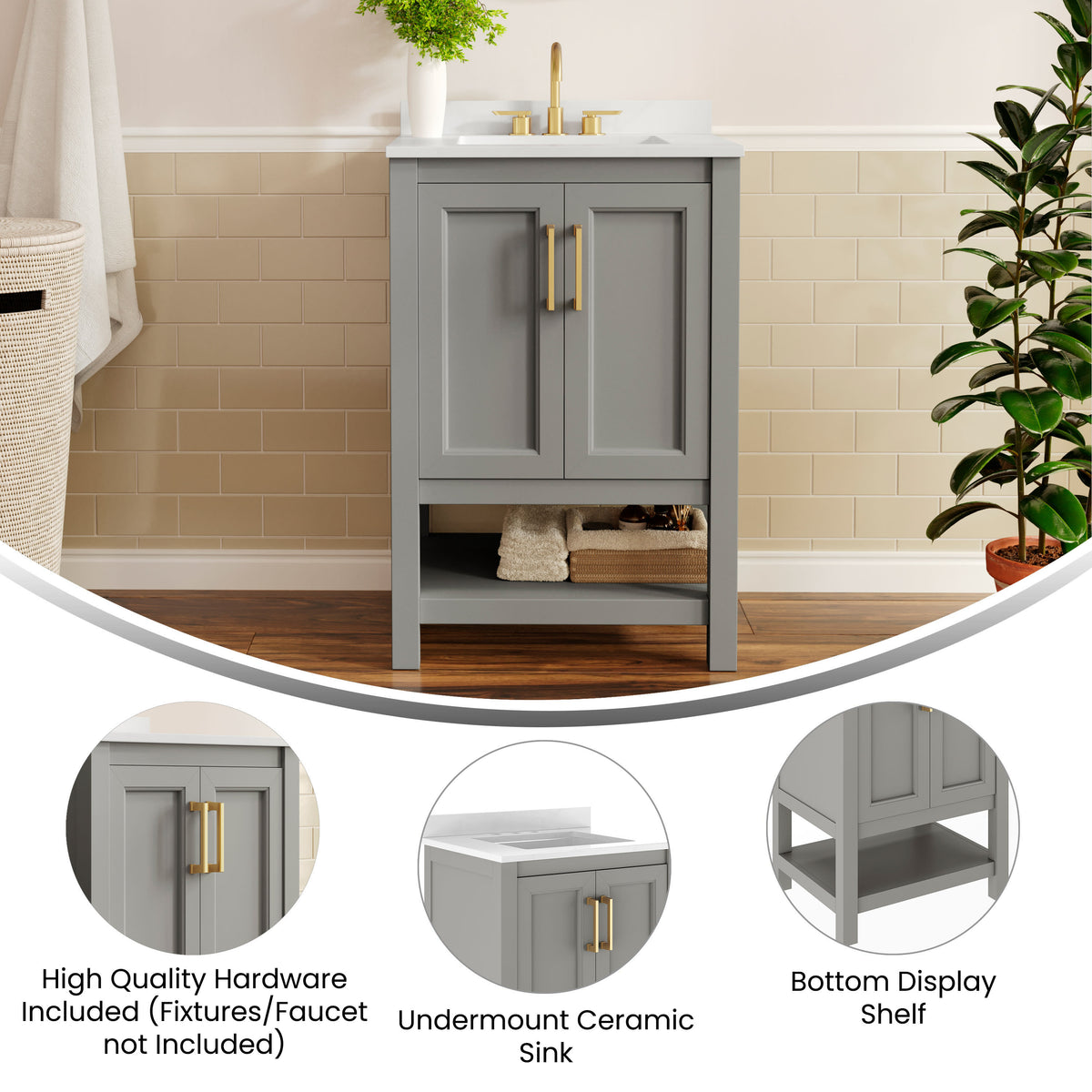 Gray Frame/Gold Hardware,24" |#| 24" Bathroom Vanity with Sink, Open Storage & Gold Hardware in Gray