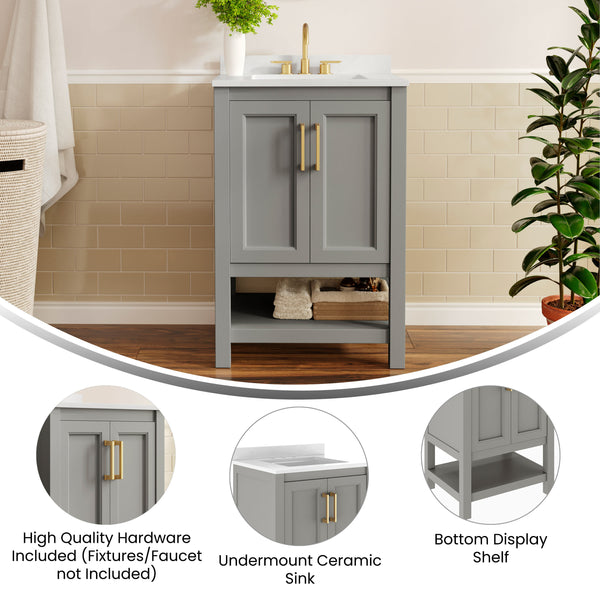 Gray Frame/Gold Hardware,24" |#| 24" Bathroom Vanity with Sink, Open Storage & Gold Hardware in Gray