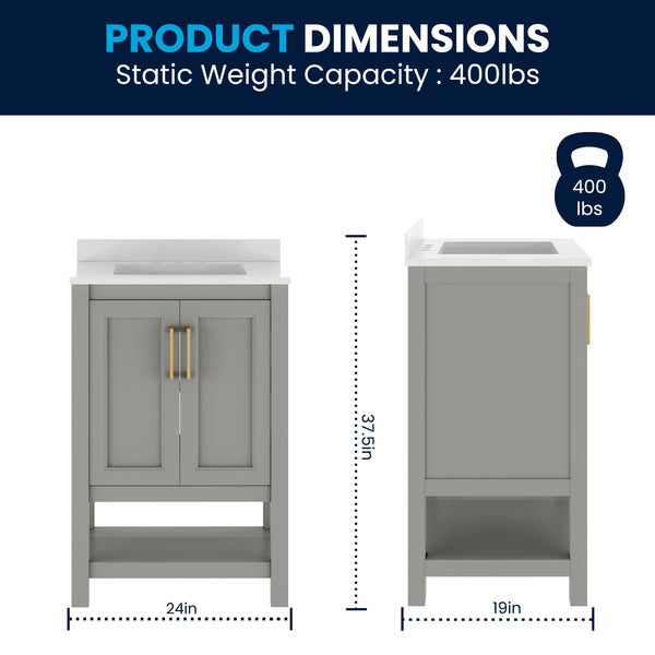 Gray Frame/Gold Hardware,24" |#| 24" Bathroom Vanity with Sink, Open Storage & Gold Hardware in Gray