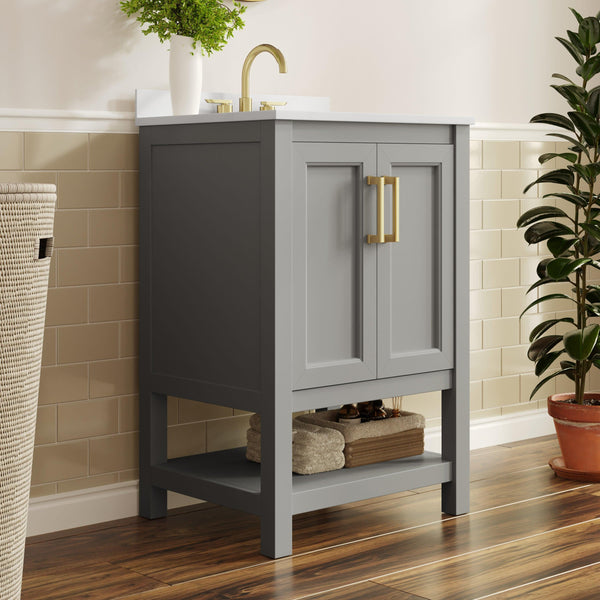 Gray Frame/Gold Hardware,24" |#| 24" Bathroom Vanity with Sink, Open Storage & Gold Hardware in Gray