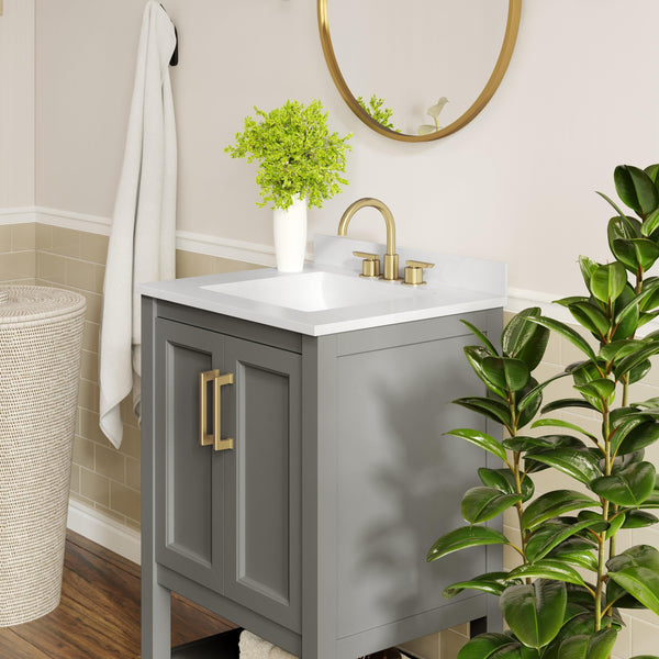 Gray Frame/Gold Hardware,24" |#| 24" Bathroom Vanity with Sink, Open Storage & Gold Hardware in Gray