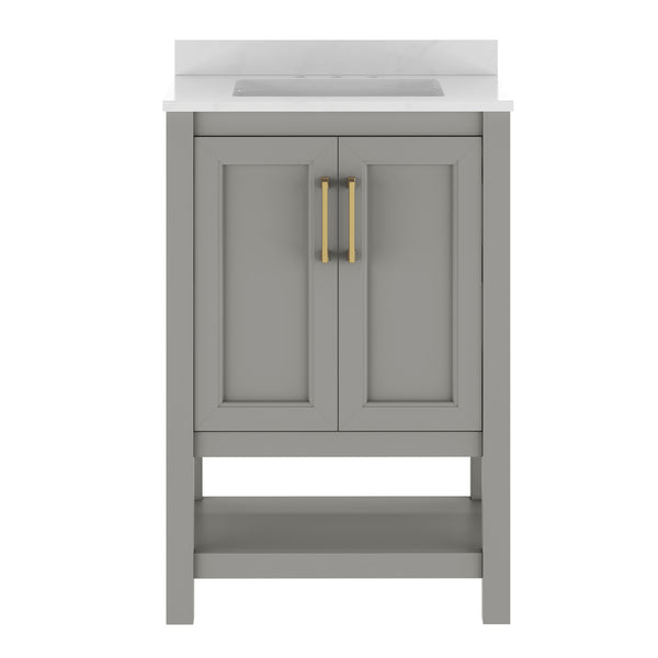 White Frame/Gold Hardware,24" |#| 24" Bathroom Vanity with Sink, Open Storage & Gold Hardware in White