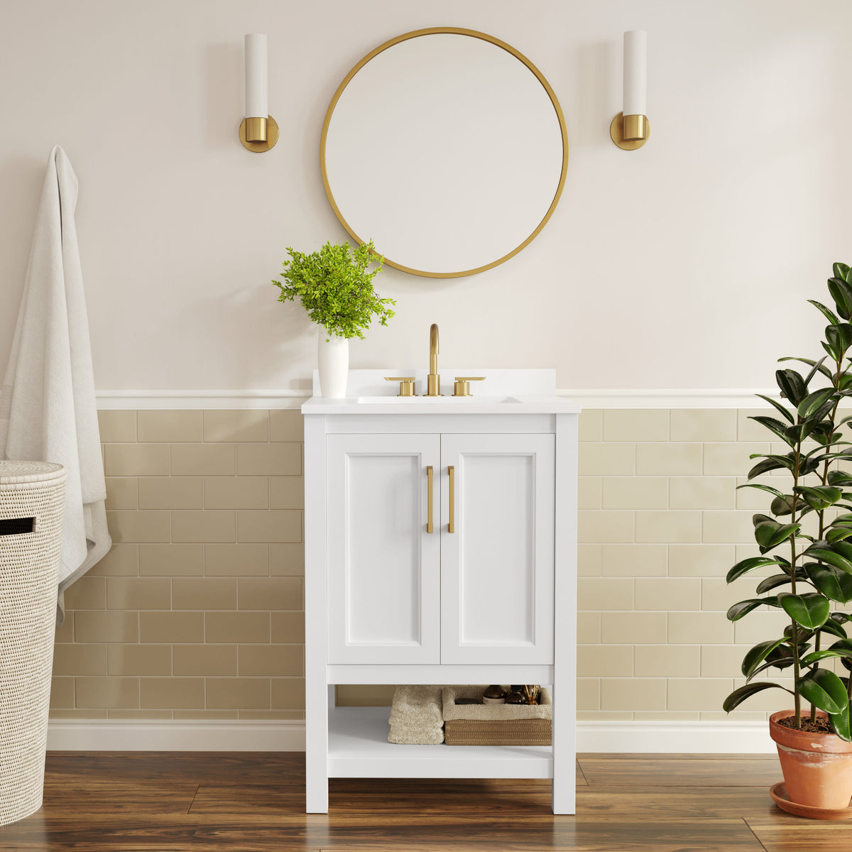 White Frame/Gold Hardware,24" |#| 24" Bathroom Vanity with Sink, Open Storage & Gold Hardware in White