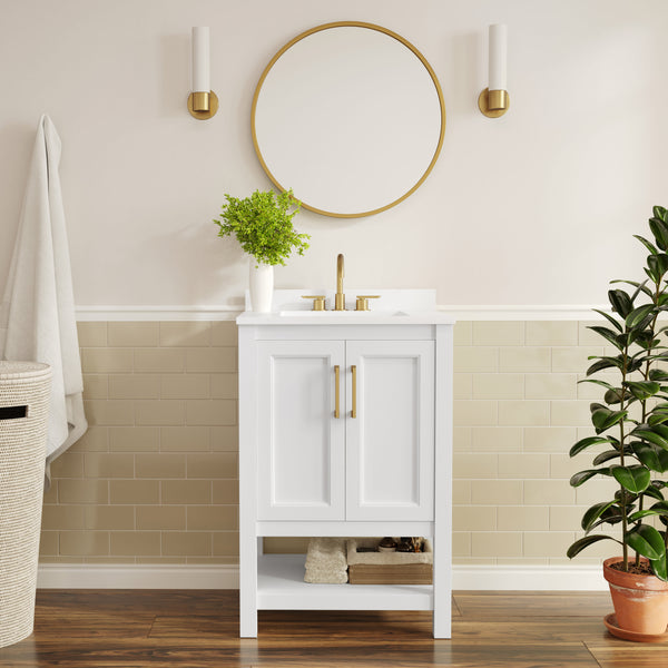 White Frame/Gold Hardware,24" |#| 24" Bathroom Vanity with Sink, Open Storage & Gold Hardware in White