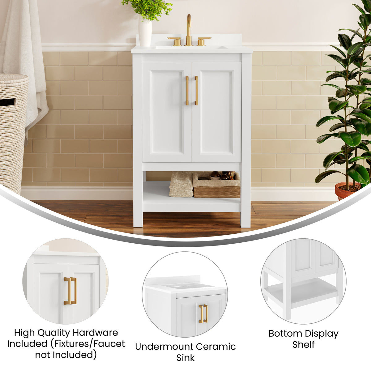 White Frame/Gold Hardware,24" |#| 24" Bathroom Vanity with Sink, Open Storage & Gold Hardware in White