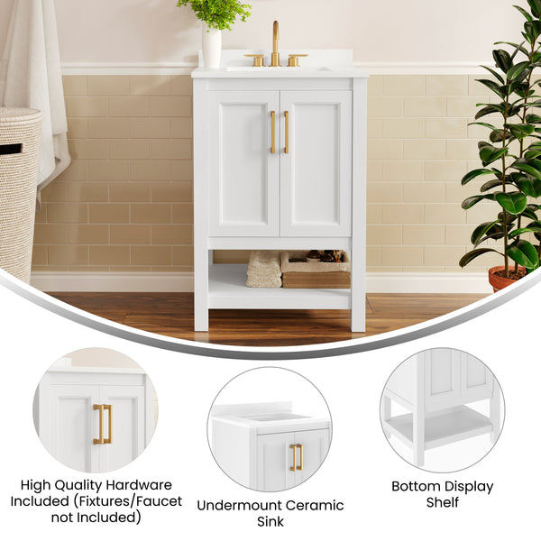 White Frame/Gold Hardware,24" |#| 24" Bathroom Vanity with Sink, Open Storage & Gold Hardware in White
