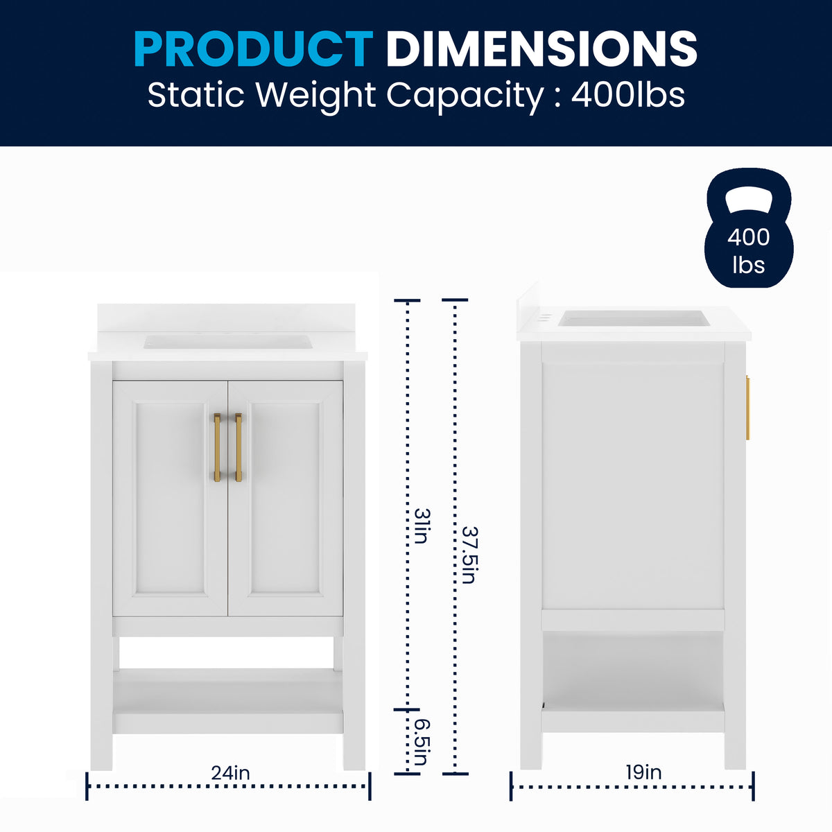 White Frame/Gold Hardware,24" |#| 24" Bathroom Vanity with Sink, Open Storage & Gold Hardware in White