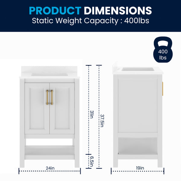 White Frame/Gold Hardware,24" |#| 24" Bathroom Vanity with Sink, Open Storage & Gold Hardware in White