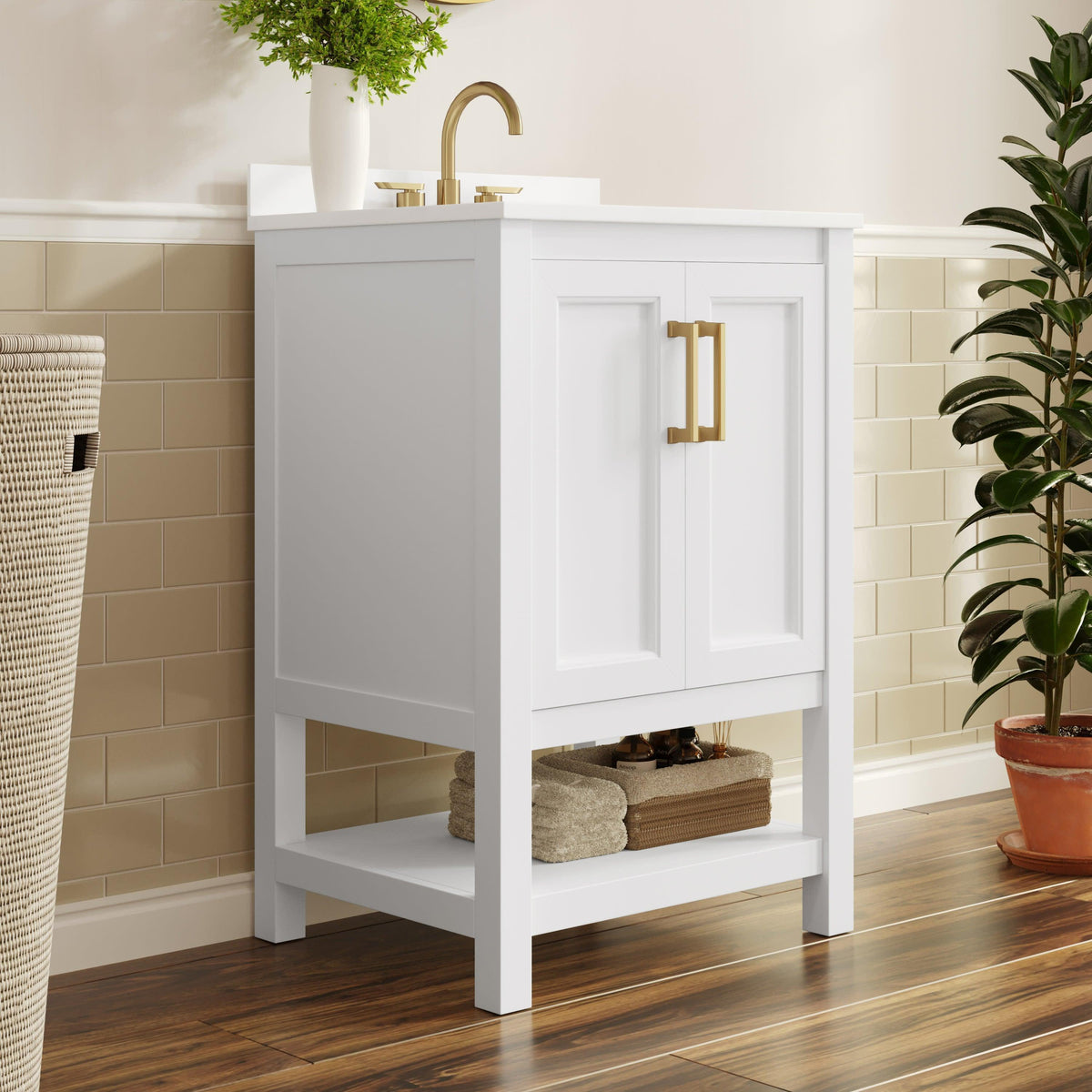 White Frame/Gold Hardware,24" |#| 24" Bathroom Vanity with Sink, Open Storage & Gold Hardware in White