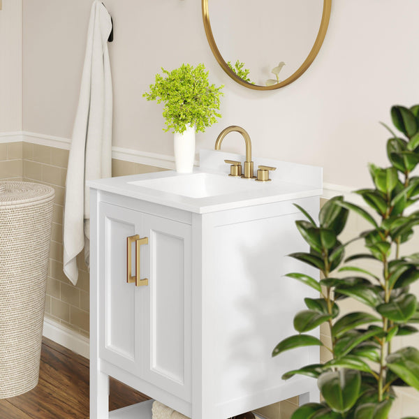 White Frame/Gold Hardware,24" |#| 24" Bathroom Vanity with Sink, Open Storage & Gold Hardware in White