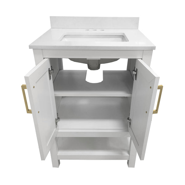 White Frame/Gold Hardware,24" |#| 24" Bathroom Vanity with Sink, Open Storage & Gold Hardware in White