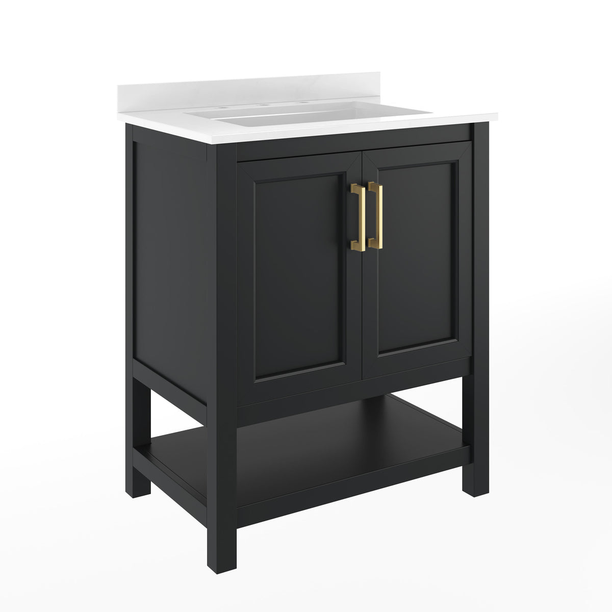 Black Frame/Gold Hardware,30" |#| 30" Bathroom Vanity with Sink, Open Storage & Gold Hardware in Black