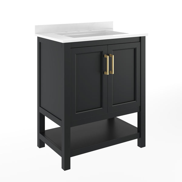 Black Frame/Gold Hardware,30" |#| 30" Bathroom Vanity with Sink, Open Storage & Gold Hardware in Black