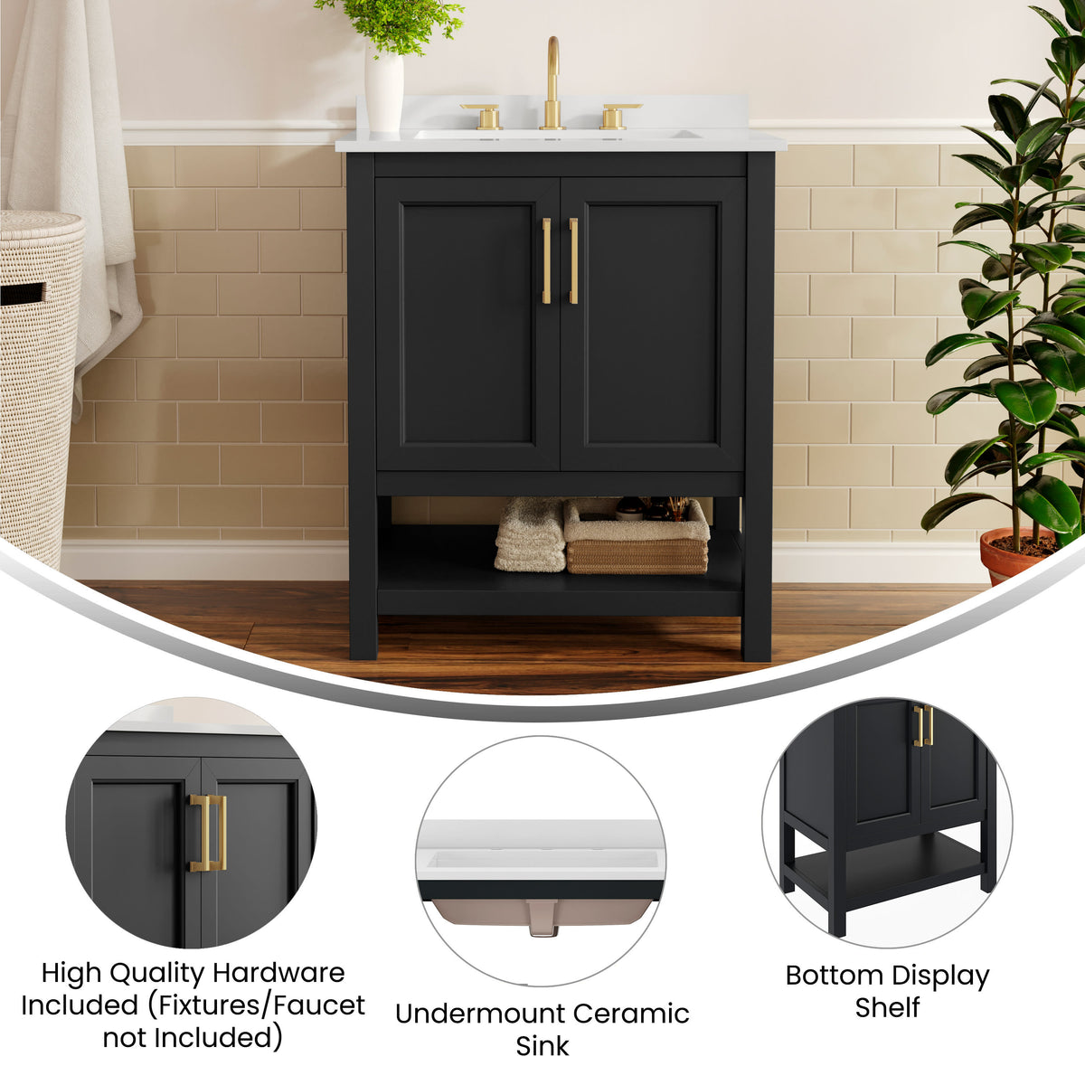 Black Frame/Gold Hardware,30" |#| 30" Bathroom Vanity with Sink, Open Storage & Gold Hardware in Black