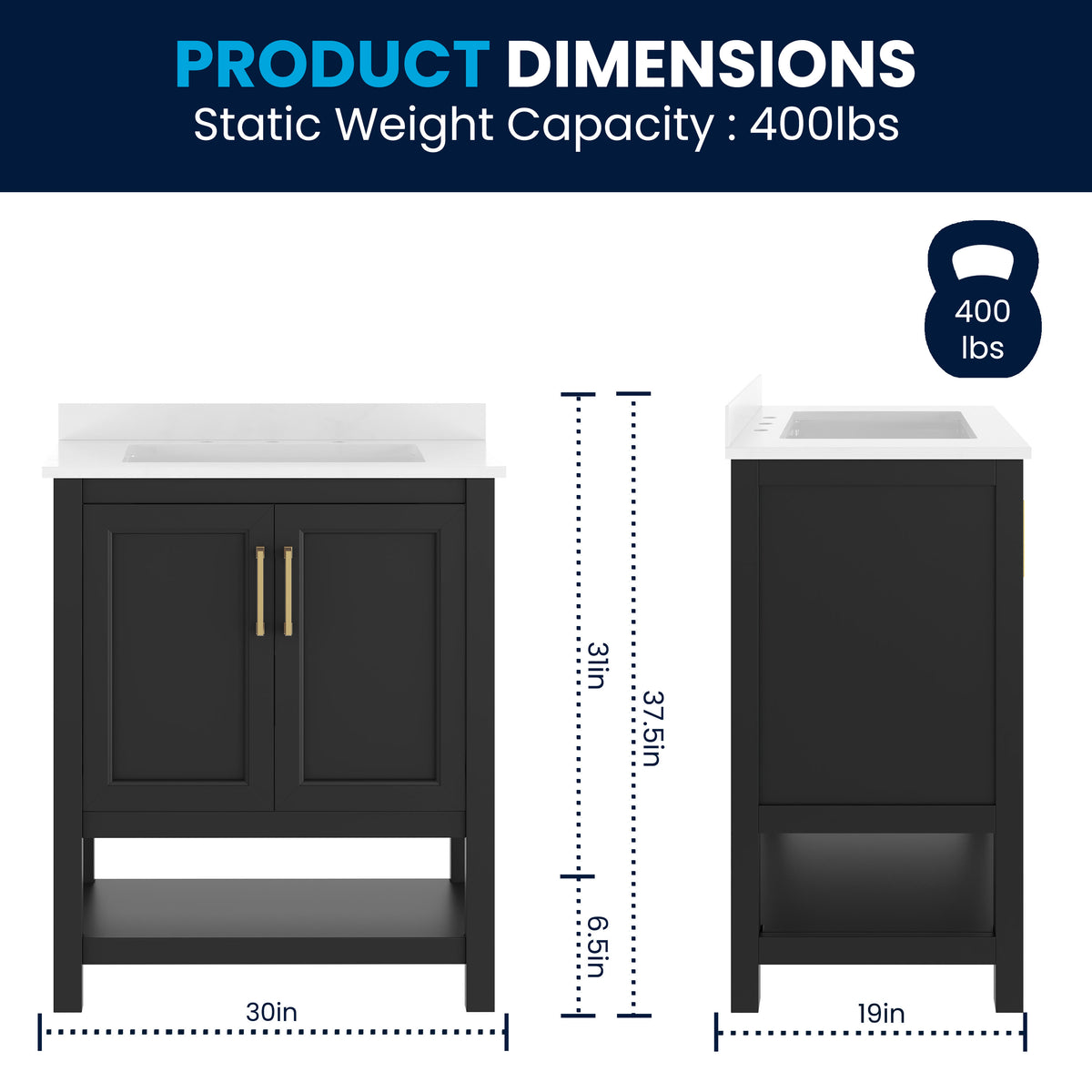 Black Frame/Gold Hardware,30" |#| 30" Bathroom Vanity with Sink, Open Storage & Gold Hardware in Black