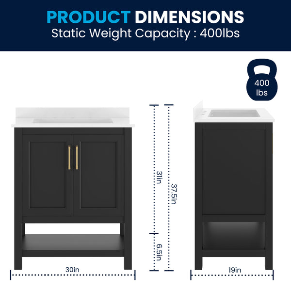Black Frame/Gold Hardware,30" |#| 30" Bathroom Vanity with Sink, Open Storage & Gold Hardware in Black
