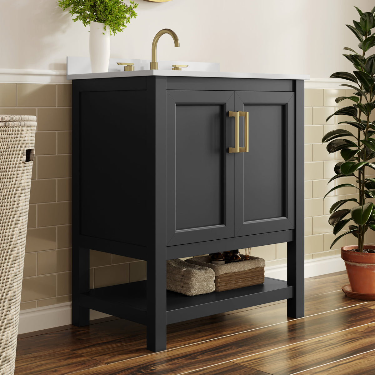 Black Frame/Gold Hardware,30" |#| 30" Bathroom Vanity with Sink, Open Storage & Gold Hardware in Black
